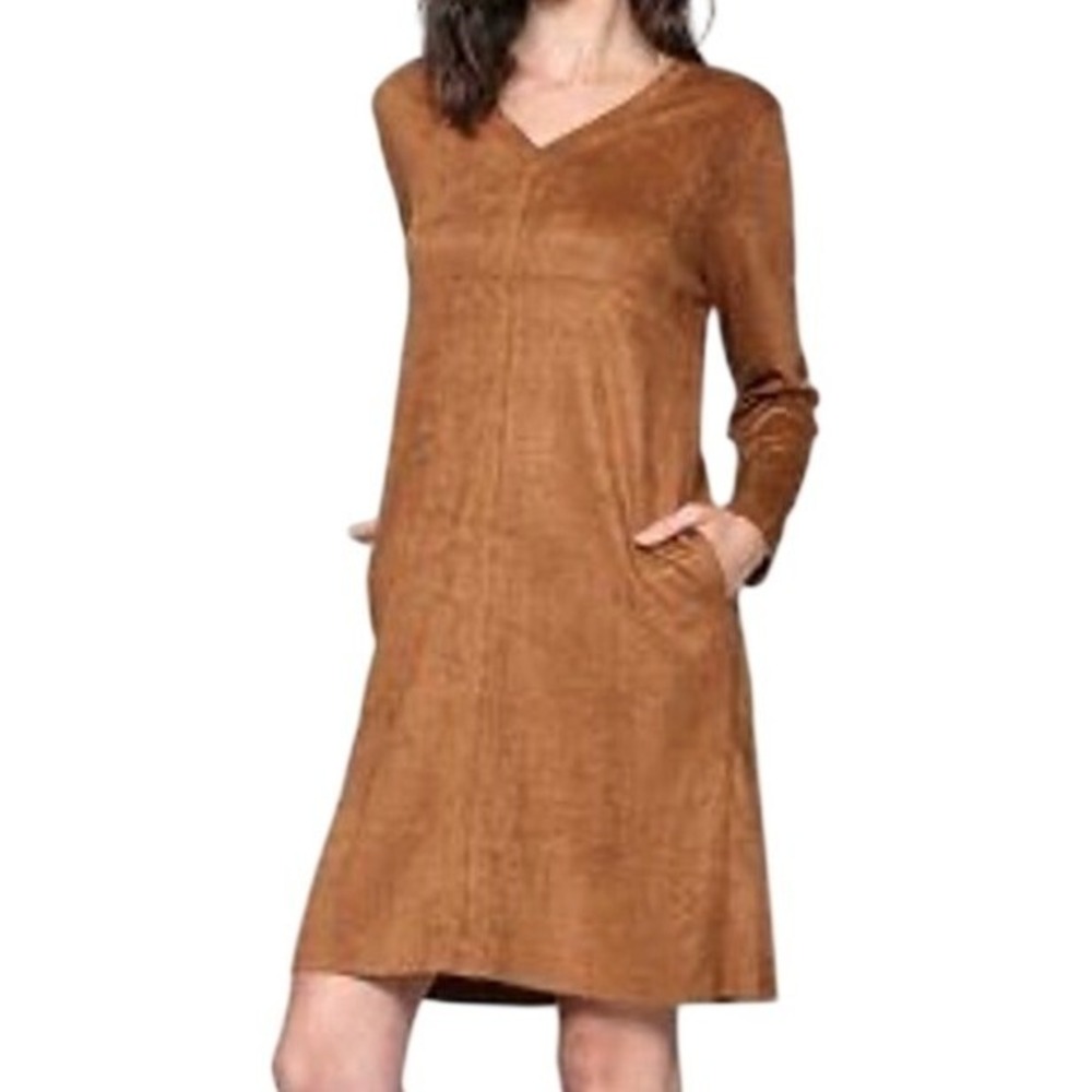 JOH‎ Anthropologie Aurora Tan Faux suede v-neck dress with pockets Size Large